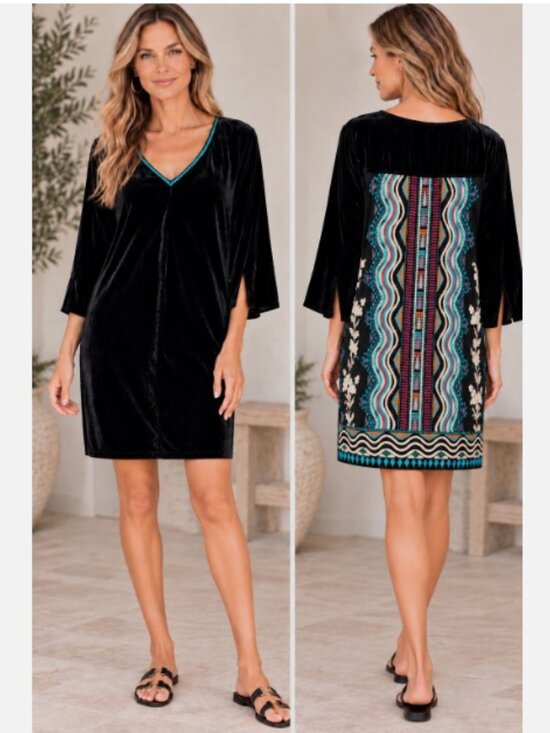 Johnny Was Dresses & Skirts - Johnny Was Black Velvet Tunic with Teal Trim Size L